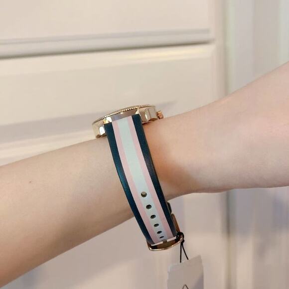 NWT Fossil ES4595 Scarlette Mini Three-Hand Date Striped Navy Leather Watch - Picture 4 of 5